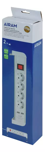 Airam Tabletop 4-osainen+2usb 2m pistorasialista - Sisäjatkojohdot - 0003940 - 2
