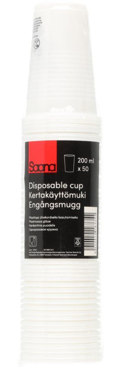 Saana Kertakäyttömuki muovi valkoinen 200ml 50kpl - Kertakäyttöastiat - 0017740 - 1