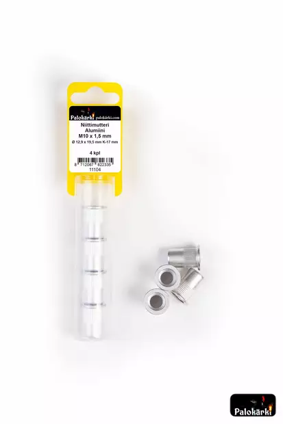 Palokärki Niittimutteri Alumiini M10x1,5mm Ø 12,9x19,5mm K-17mm 4kpl - Vetoniitit ja niittimutterit - 0022181 - 1