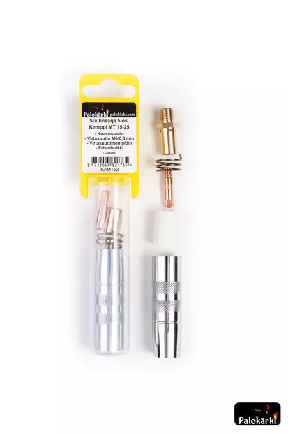 Suutinsarja 5-os. Kemppi MT15-25 : Kaasusuutin, Virtasuutin M6/0,8mm, Virtasuuttimen pidin, Eristeholkki, Jousi - Hitsauslaitteiden tarvikkeet - 0021611 - 1