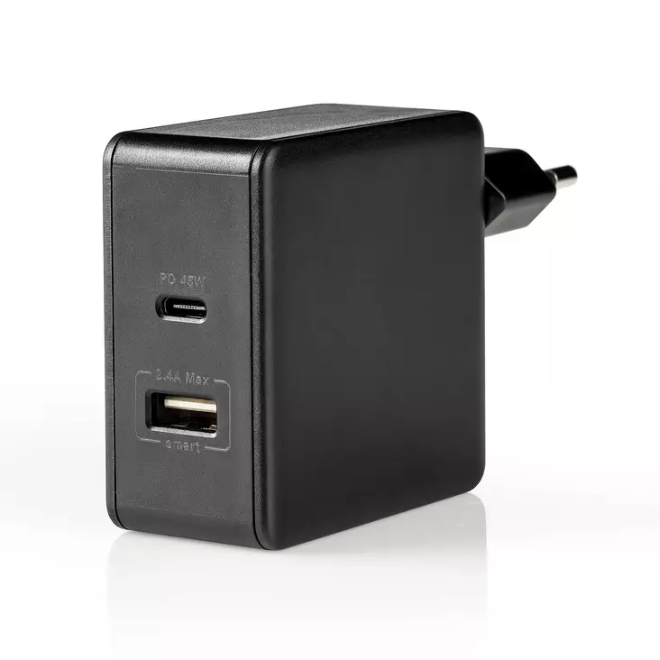 Nedis Seinälaturi 3.0A USB / USB-C Power Delivery 45 Wmusta - Puhelintarvikkeet - 0007121 - 1