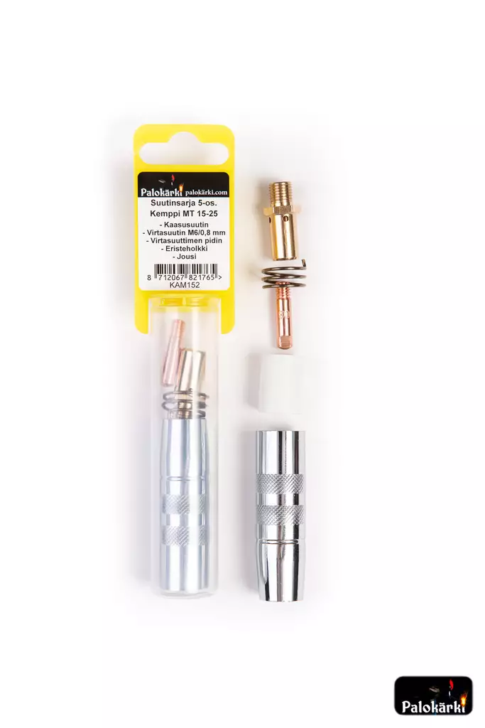 Suutinsarja 5-os. Kemppi MT15-25 : Kaasusuutin, Virtasuutin M6/0,8mm, Virtasuuttimen pidin, Eristeholkki, Jousi - Hitsauslaitteiden tarvikkeet - 0021611 - 1