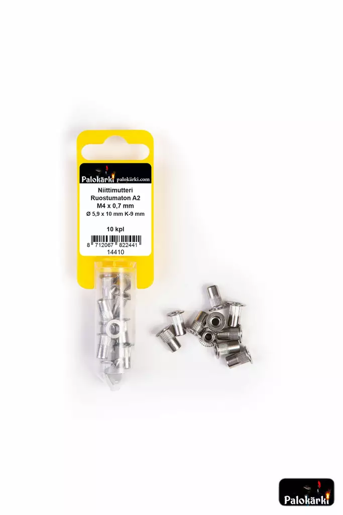 Palokärki Niittimutteri Ruostumaton A2 M4x0,7mm Ø 5,9x10mm K-9mm 10kpl - Vetoniitit ja niittimutterit - 0022192 - 1