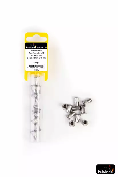 Palokärki Niittimutteri Ruostumaton A2 M5x0,8mm Ø 6,9x12mm K-10mm 10kpl - Vetoniitit ja niittimutterit - 0022193 - 1