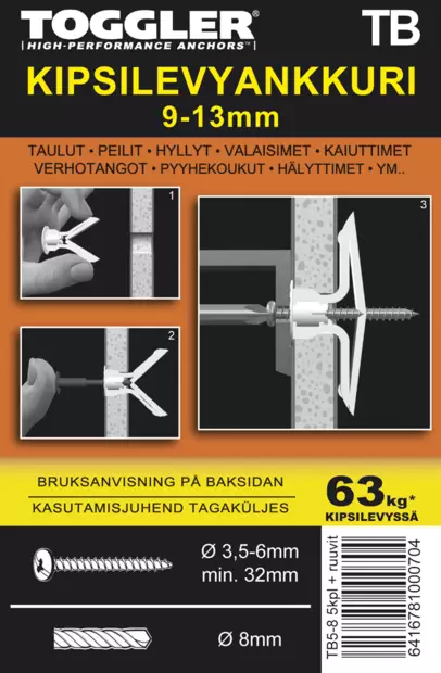 Toggler Ohutlevyankkuri HWA TB 9-13mm 5kpl + ruuvit - Kipsilevyproput ja seinäankkurit - 0020923 - 2