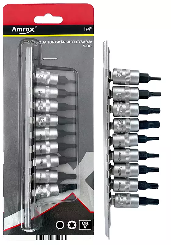 Amrox kuusio. ja torx-kärkihylsysarja 1/4" 9-os. - Hylsy- ja työkalusarjat - 0021924 - 1