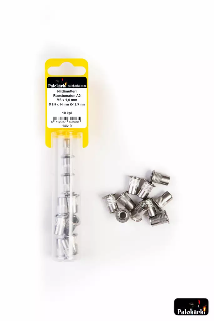 Palokärki Niittimutteri Ruostumaton A2 M6x1,0mm Ø 8,9x14mm K-12,5mm 10kpl - Vetoniitit ja niittimutterit - 0022194 - 1