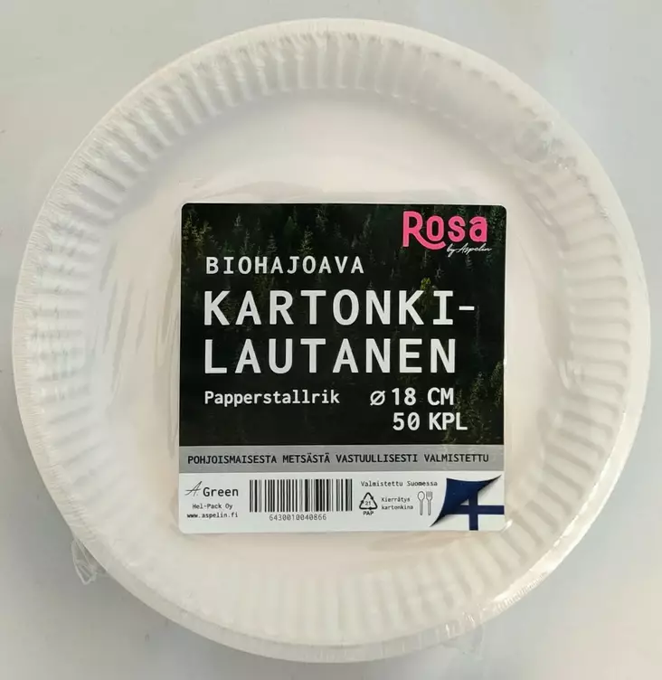 Rosa Lautanen 18cm, valkoinen 50kpl, Biohajoava - Kertakäyttöastiat - 0012335 - 1