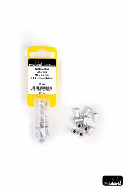 Palokärki Niittimutteri Alumiini M4x0,7mm Ø 5,9x10mm K-9mm 10kpl - Vetoniitit ja niittimutterit - 0022177 - 1
