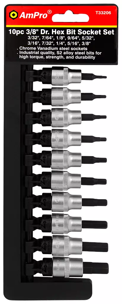 Ampro kuusiokärkihylsysarja tuuma 3/8" 10-os. - Hylsy- ja työkalusarjat - 0005568 - 1