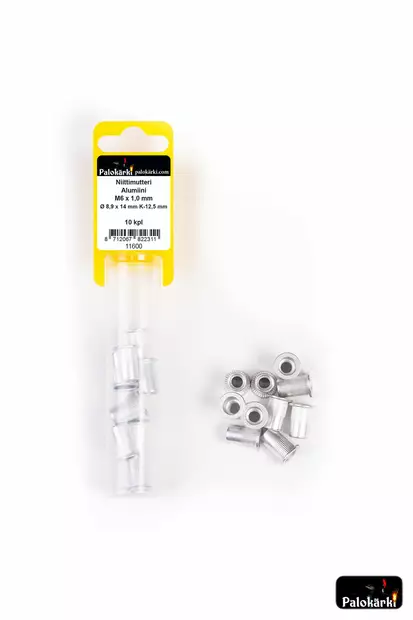 Palokärki Niittimutteri Alumiini M6x1,0mm Ø 8,9x14mm K-12,5mm 10kpl - Vetoniitit ja niittimutterit - 0022179 - 1