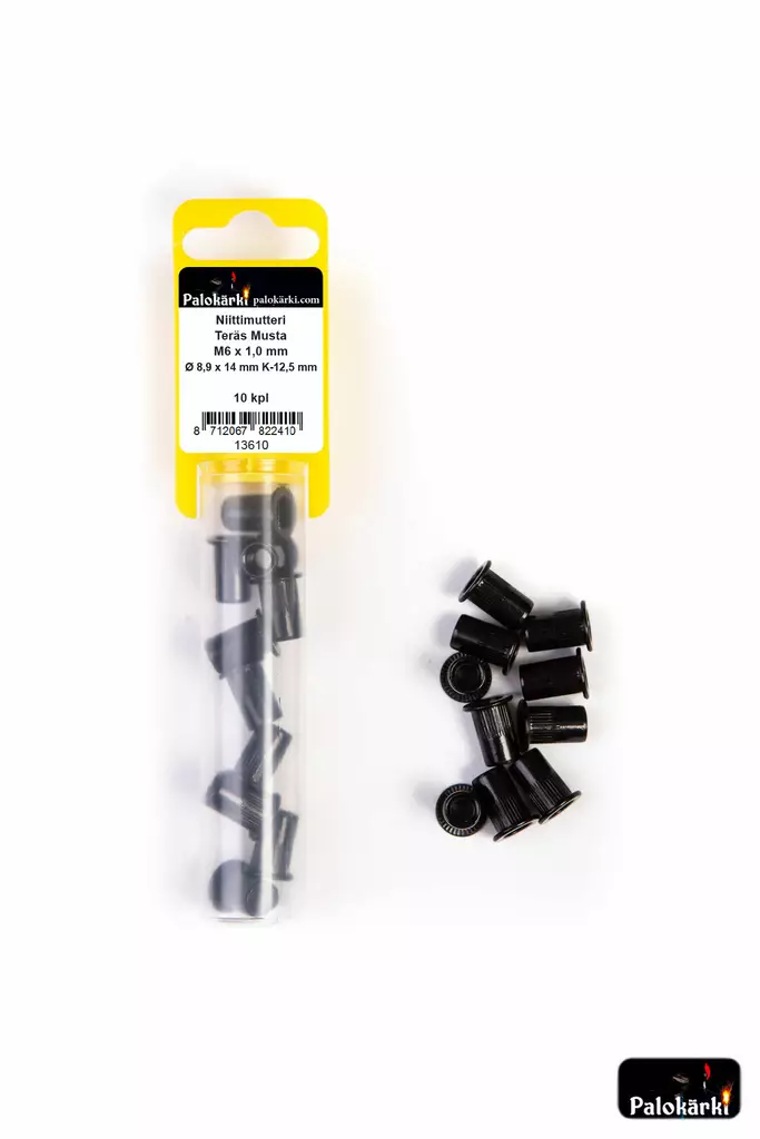 Palokärki Niittimutteri Teräs Musta M6x1,0mm Ø 8,9x14mm K-12,5mm 10kpl - Vetoniitit ja niittimutterit - 0022189 - 1