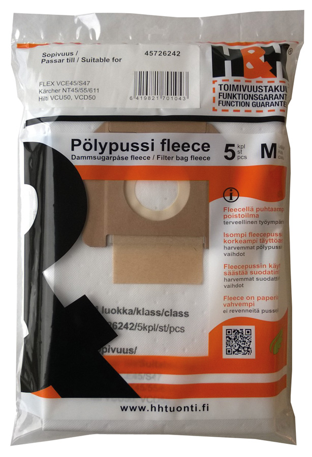 Pölypussi fleece 5kpl, VCE45 - Imurien pölypussit ja suodattimet - 0004809 - 1